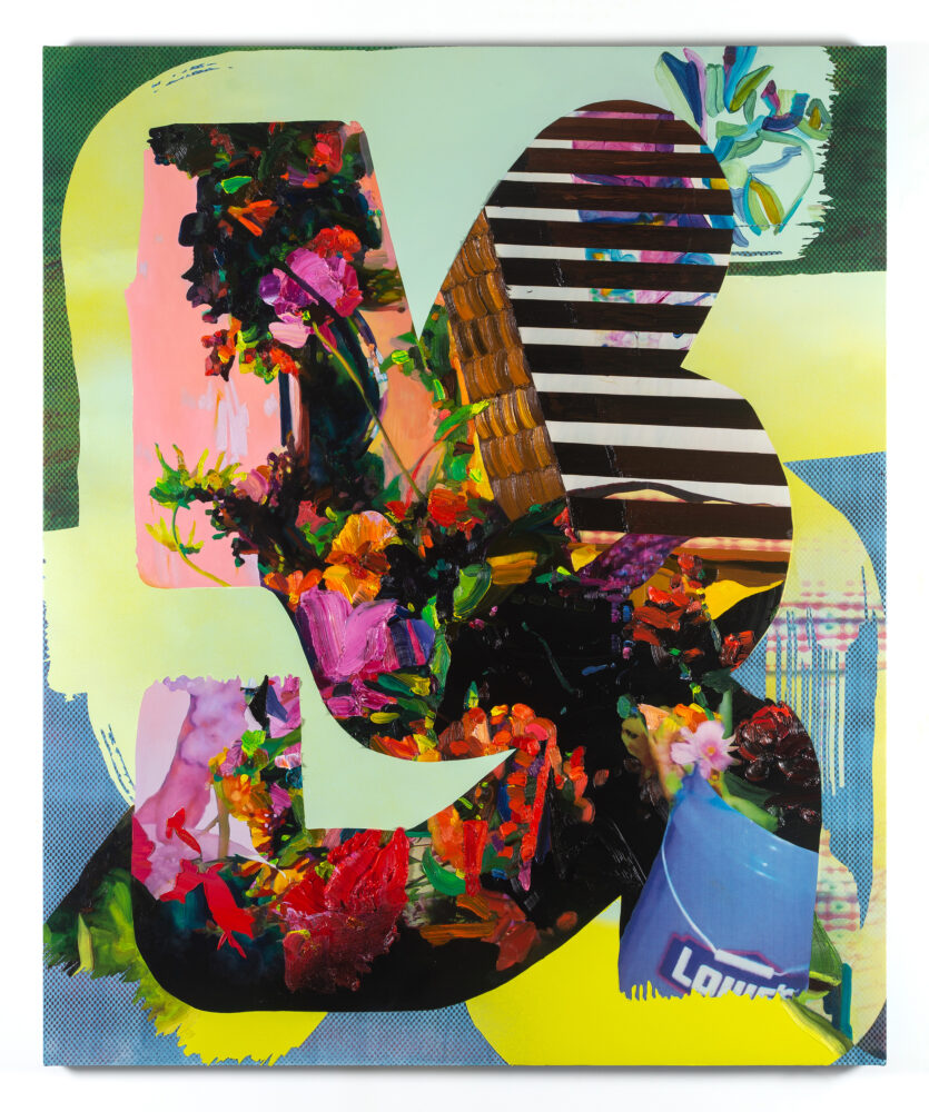 large abstract oil painting on canvas with a bold abstract letter shape and stripes in yellows blues and blacks by artist Jimmy Baker