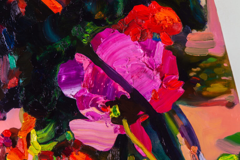 detail of an abstract oil painting on canvas with a bold abstract letter shape and stripes in yellows blues and blacks by artist Jimmy Baker