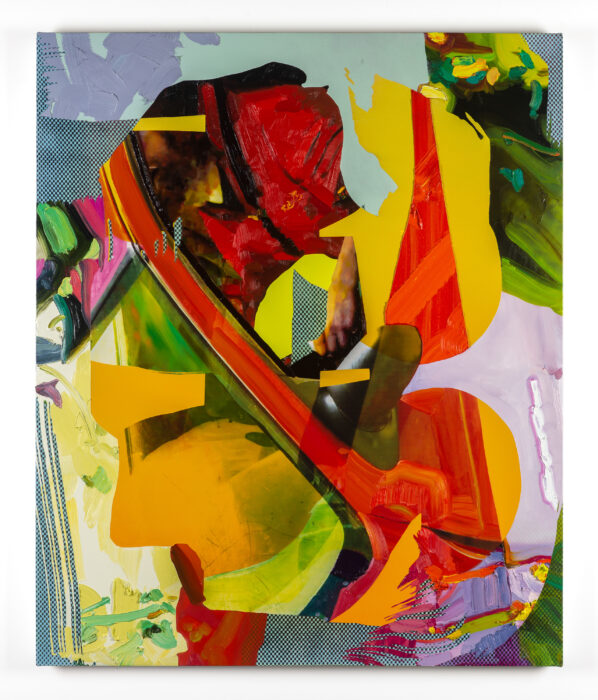 medium sized abstract oil painting on canvas with reds, blues, and yellows by artist Jimmy Baker