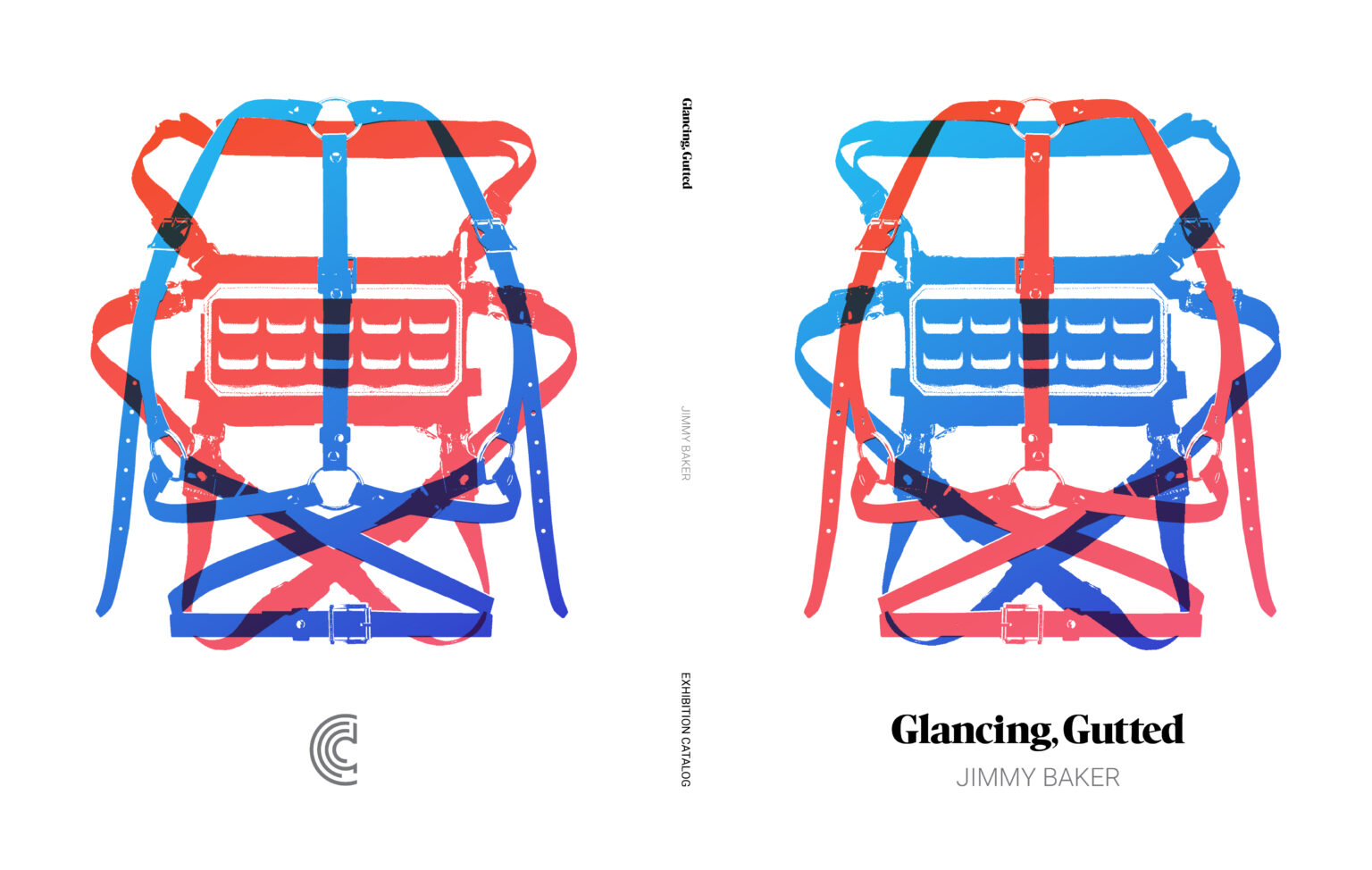 red and blue harnesses tangled as a cover of an exhibition catalog for Glancing Gutted by artist Jimmy Baker