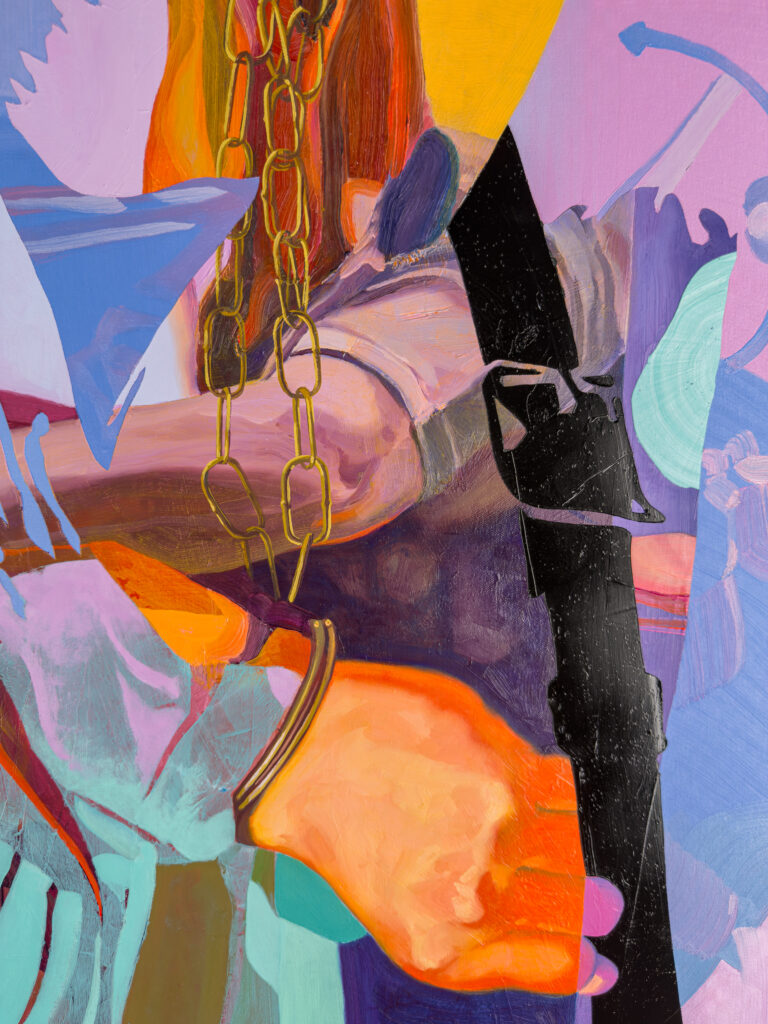 painting by contemporary artist Jimmy Baker, a detail of Soft Power 1 showing: two arms and a chain