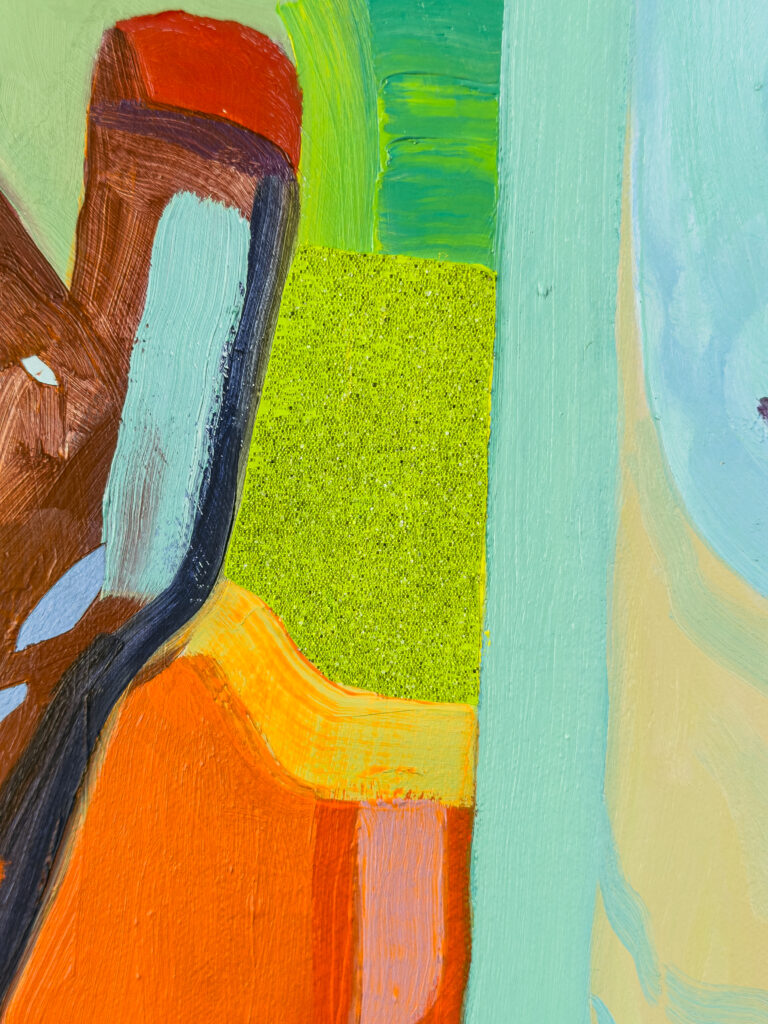painting by contemporary artist Jimmy Baker, a detail of Soft Power 1 showing: abstract shapes and glass beads