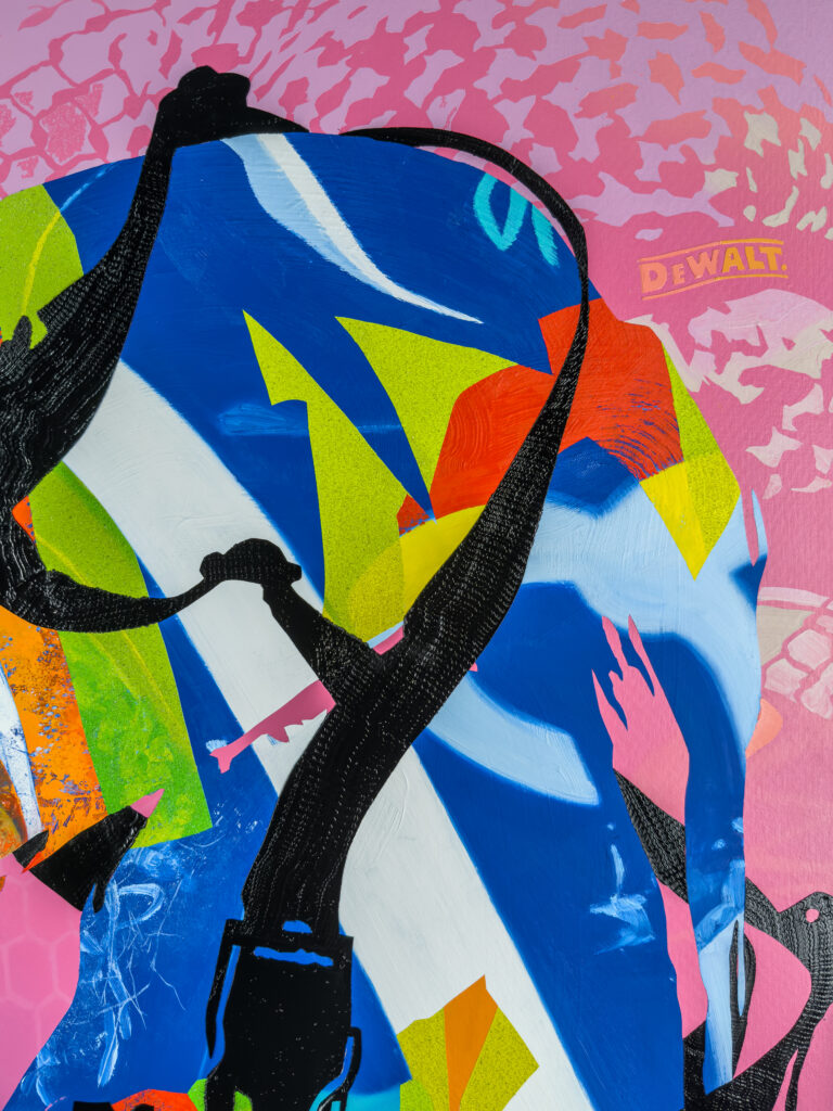 painting by contemporary artist Jimmy Baker, a detail of Soft Power 2 showing: blue and pink abstracted shapes with DeWalt logo