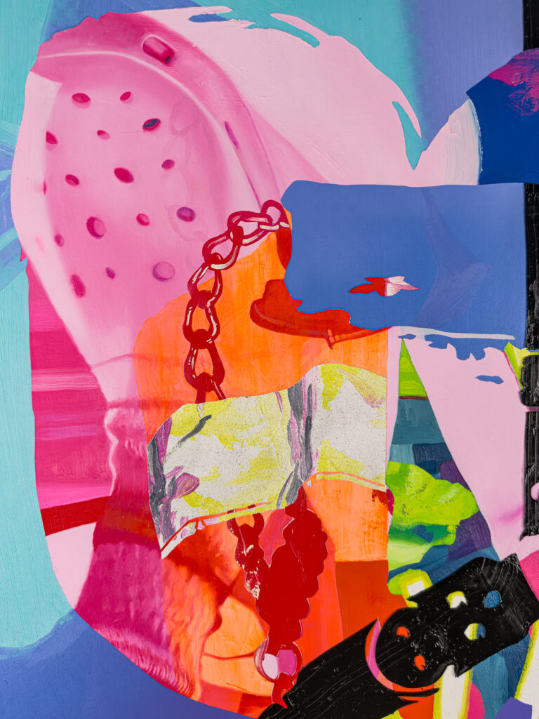 painting by contemporary artist Jimmy Baker, a detail of Soft Power 3 showing: upside down pink croc and red chain with blue background