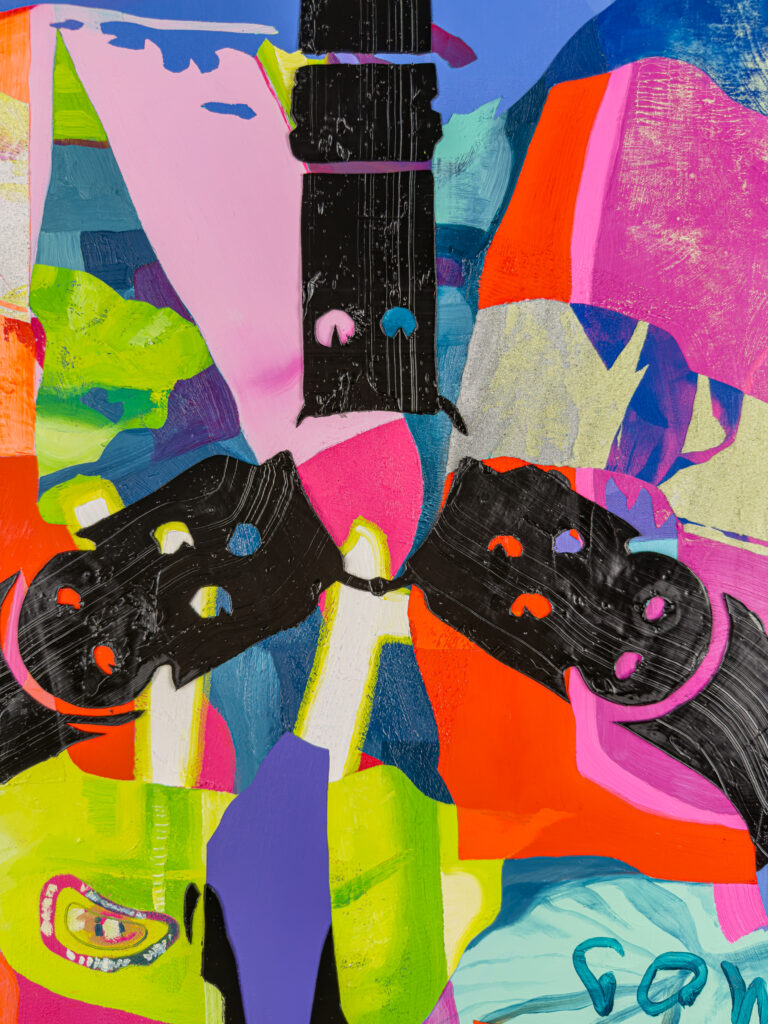 painting by contemporary artist Jimmy Baker, a detail of Soft Power 3 showing: abstract geometric shapes in red, pink, blue, and yellow with a black graphic leather harness shape