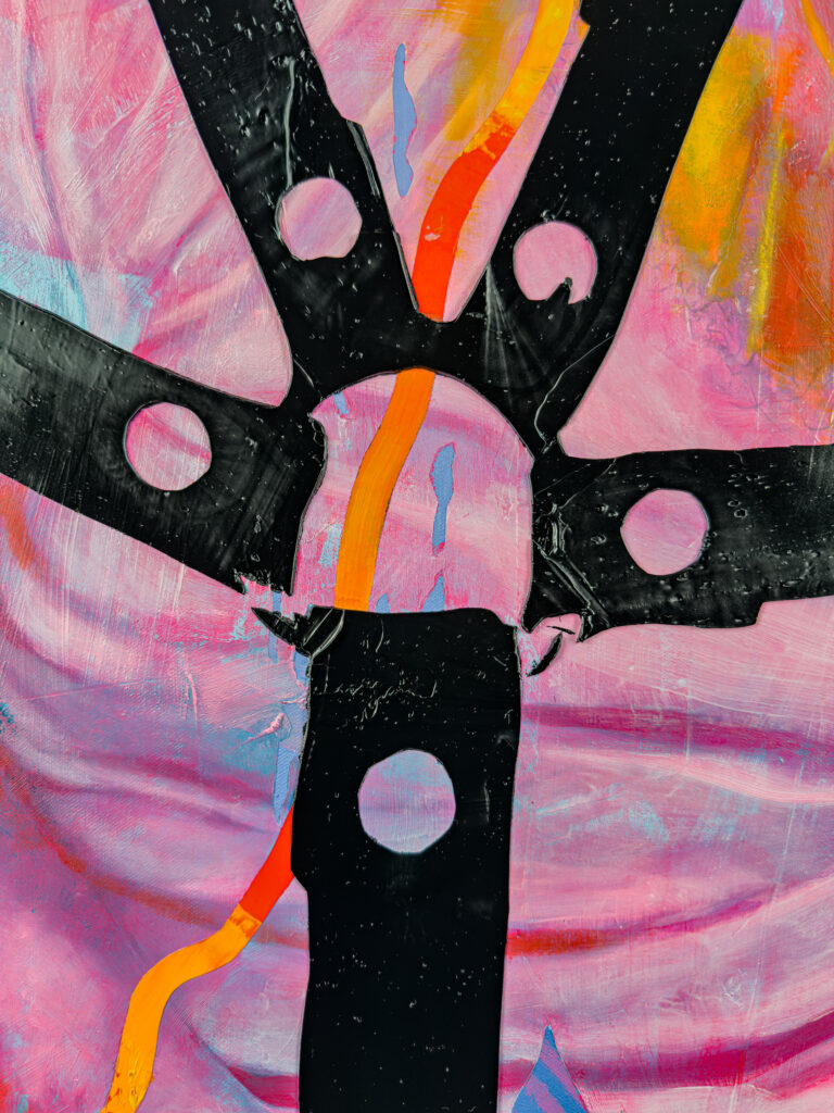 painting by contemporary artist Jimmy Baker, a detail of Soft Power 5 showing: black leather looking straps over a pink ground