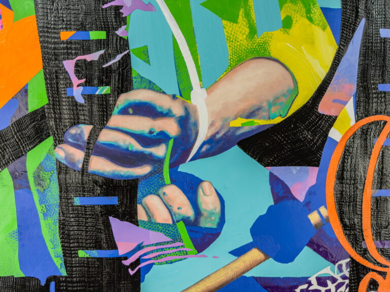 painting by contemporary artist Jimmy Baker, a detail of Soft Power 6 showing: two hands tip tied with yellow and blue shapes, and black graphic tactical vest shape