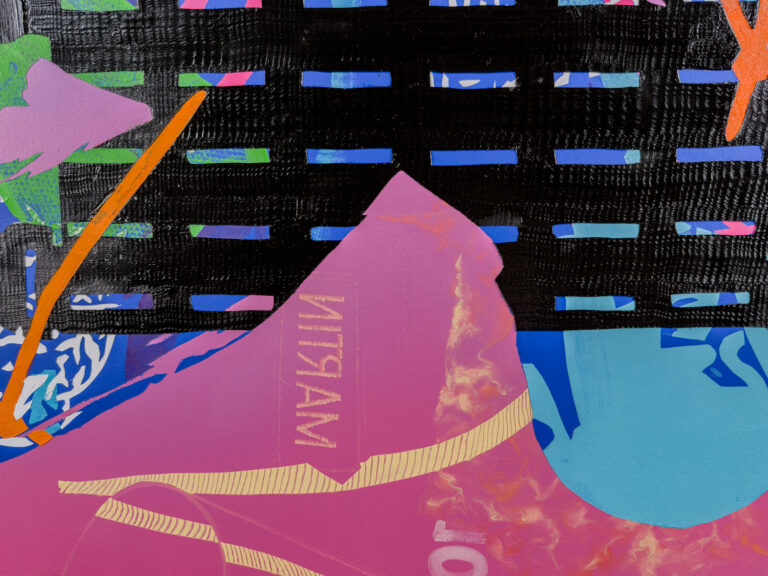 painting by contemporary artist Jimmy Baker, a detail of Soft Power 6 showing: pink and purple field with flames and an embroidered looking name tag with backwards text reading "MARTIN" and black graphic tactical vest grid
