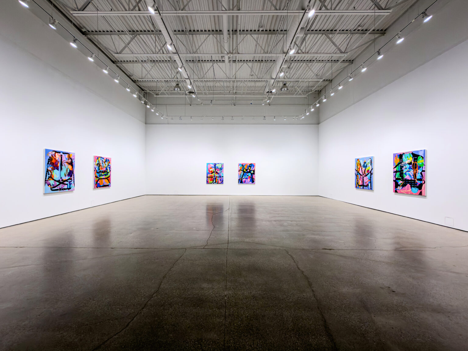 six paintings hanging in a large white gallery for the exhibition Glancing Gutted by American painter Jimmy Baker