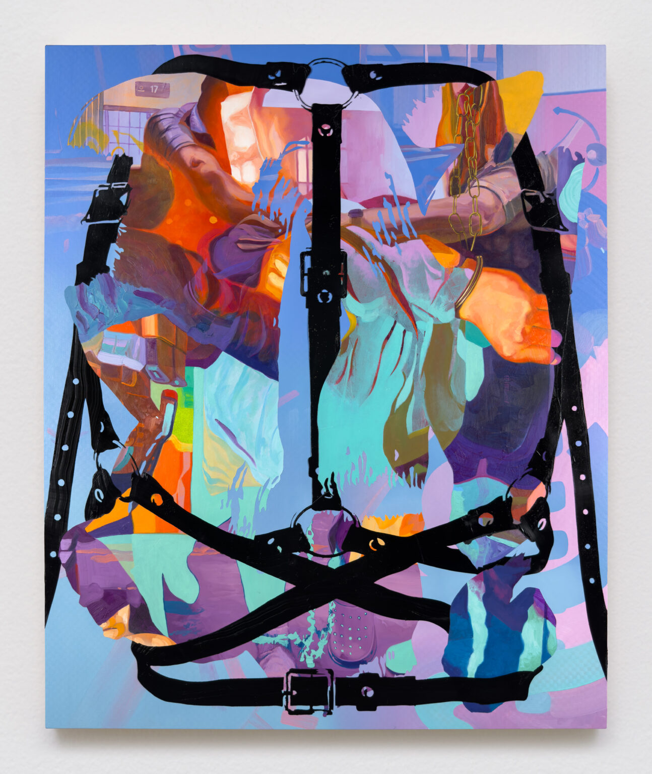 Abstract painting with a black leather harness image. Soft Power 1 by contemporary painter Jimmy Baker.