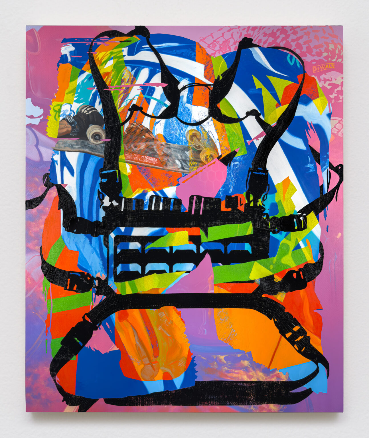 Abstract painting with a black tactical harness image. Soft Power 2 by contemporary painter Jimmy Baker.