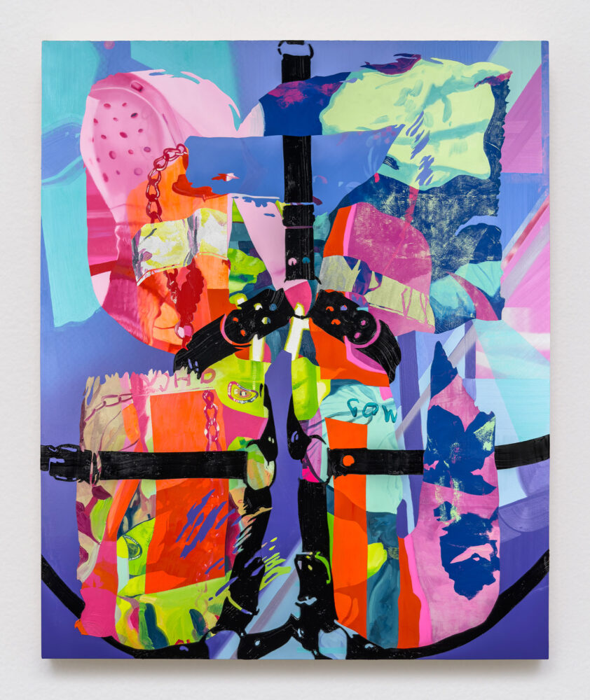 Abstract painting with a black leather harness image. Soft Power 3 by contemporary painter Jimmy Baker.