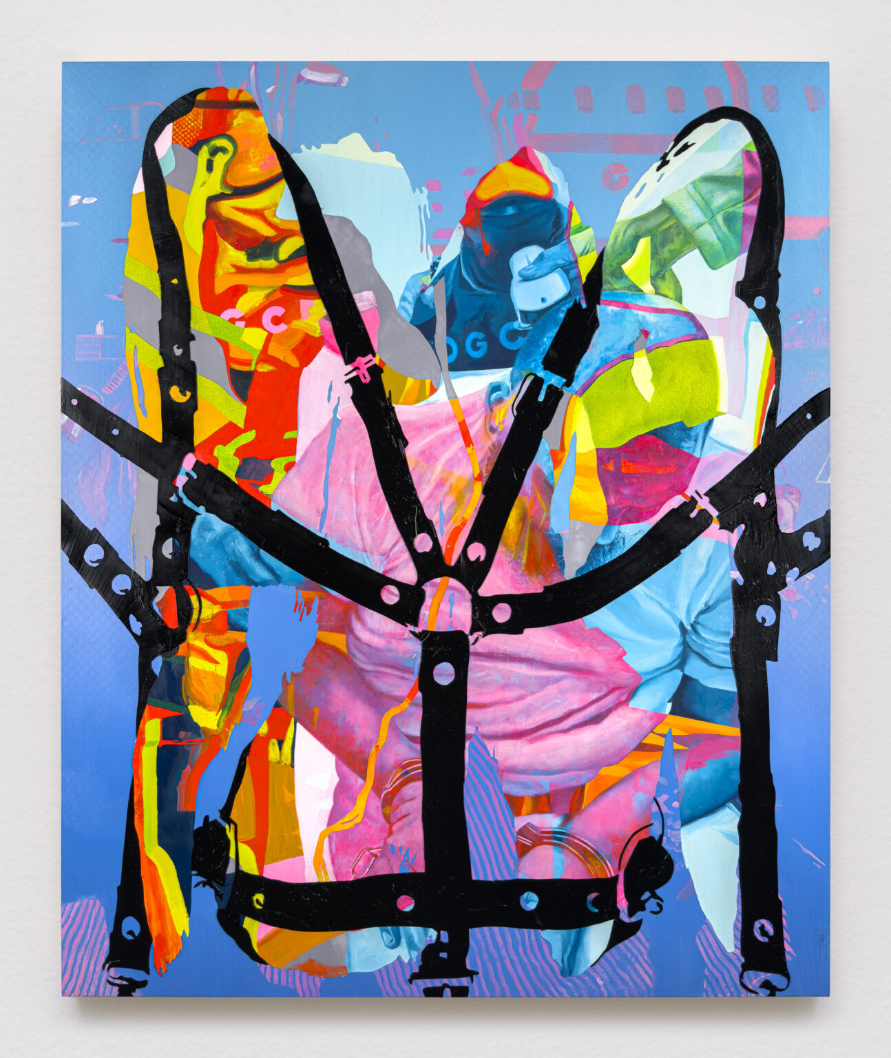 Abstract painting with a black leather harness image. Soft Power 5 by contemporary painter Jimmy Baker.